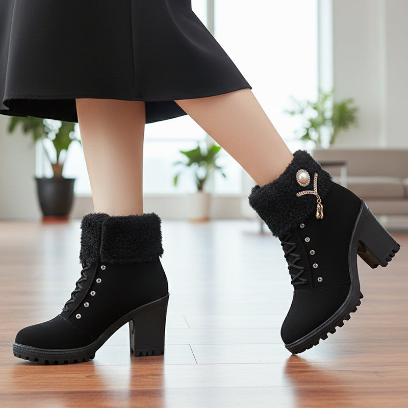 👢 Bottines Femme à Talon Épais - Intérieur Doublé de Fausse Fourrure, Semelle Antidérapante - Style Élégant pour Toutes Occasions