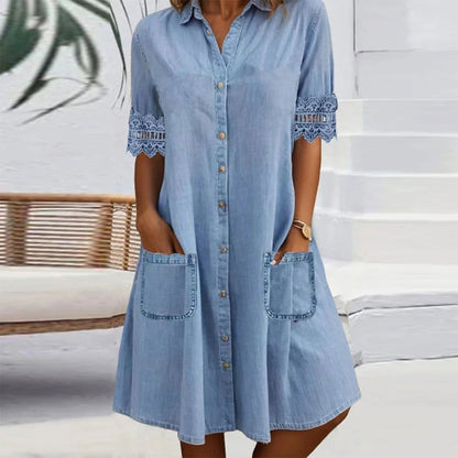 💥Blå ensfarget denim minikjole med krage og blondekant