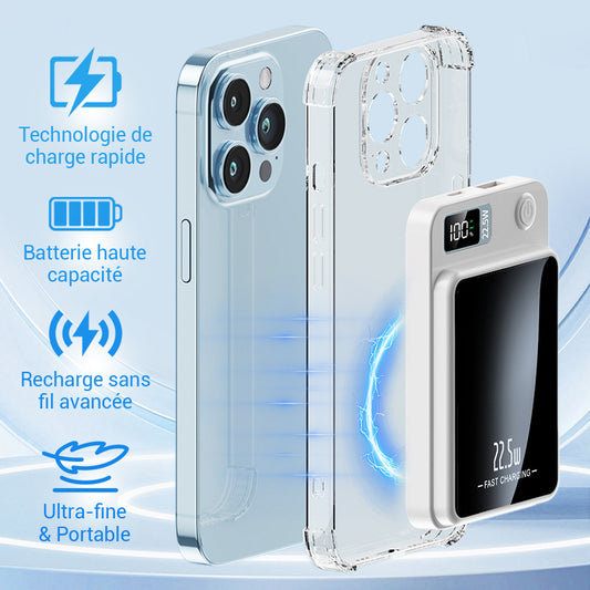 Batterie externe ultra-fine à chargement rapide de 22,5 W, compatible filaire et sans fil, 20 000 mAh