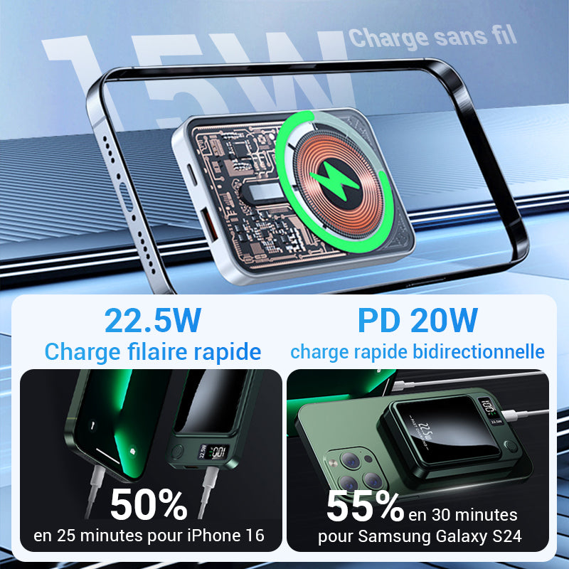 Batterie externe ultra-fine à chargement rapide de 22,5 W, compatible filaire et sans fil, 20 000 mAh