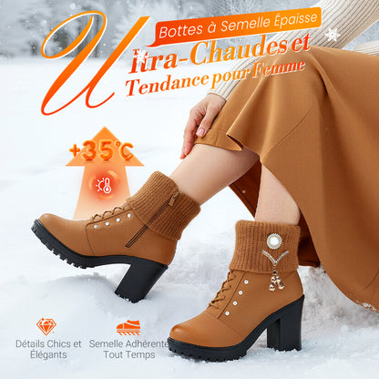 👢 Bottines Femme à Talon Épais - Intérieur Doublé de Fausse Fourrure, Semelle Antidérapante - Style Élégant pour Toutes Occasions