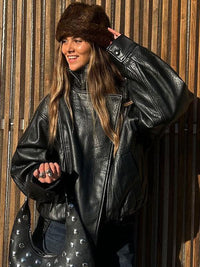 🖤 60% DE RÉDUCTION ! 🏍️ Veste Moto en Similicuir Noir – Style Audacieux, Coupe Surdimensionnée & Fermeture Éclair Argentée ✨
