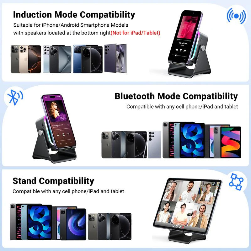 🔥VENTE LIMITÉE 50 % DE RÉDUCTION🔥🎵 Enceinte 5-en-1 avec support téléphone – Son par induction, recharge et lumière d’ambiance, tout en un !