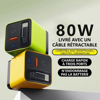 Chargeur secteur 80 W à charge rapide avec câble USB-C rétractable de 80 cm