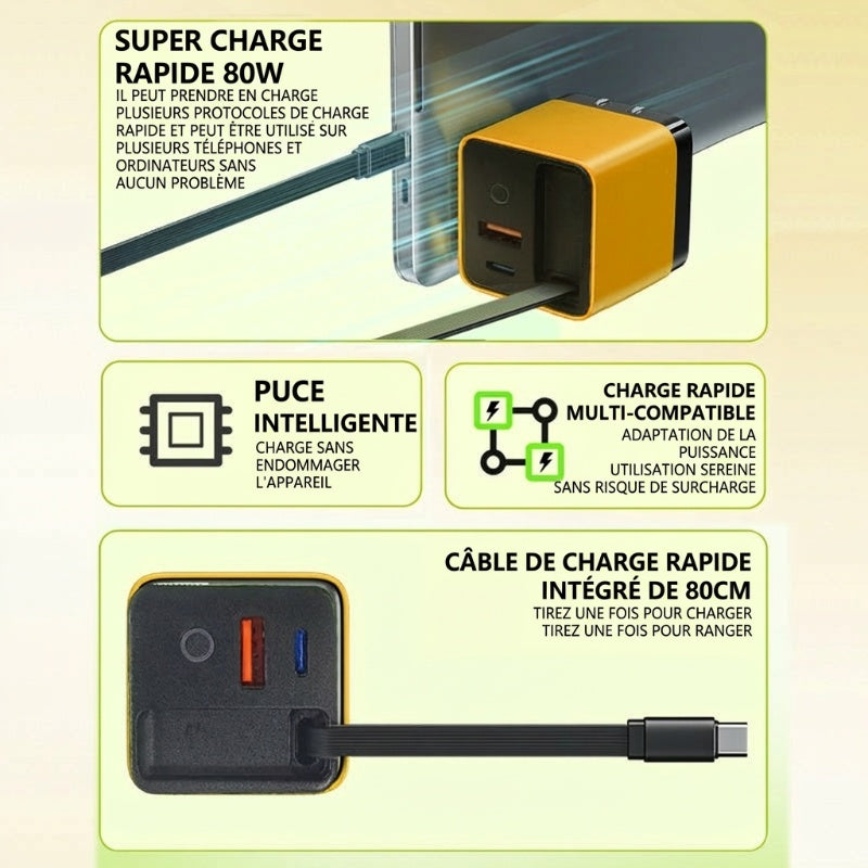 Chargeur secteur 80 W à charge rapide avec câble USB-C rétractable de 80 cm
