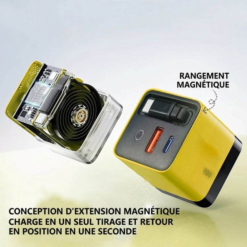Chargeur secteur 80 W à charge rapide avec câble USB-C rétractable de 80 cm
