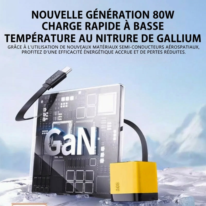 Chargeur secteur 80 W à charge rapide avec câble USB-C rétractable de 80 cm