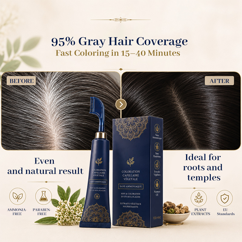 Coloration capillaire végétale à appliquer au peigne – Couverture des cheveux gris à 95 %, sans ammoniaque