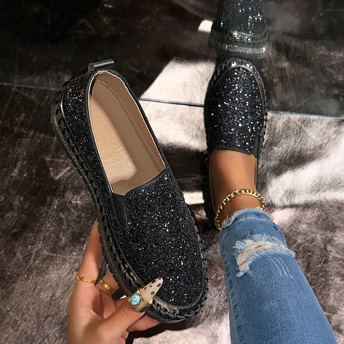 💎 60% DE RÉDUCTION ! 💎 Chaussures Slip-On Femme – Paillettes Brillantes, Semelle Antidérapante & Confort Respirant pour Tous les Jours 🌸👟