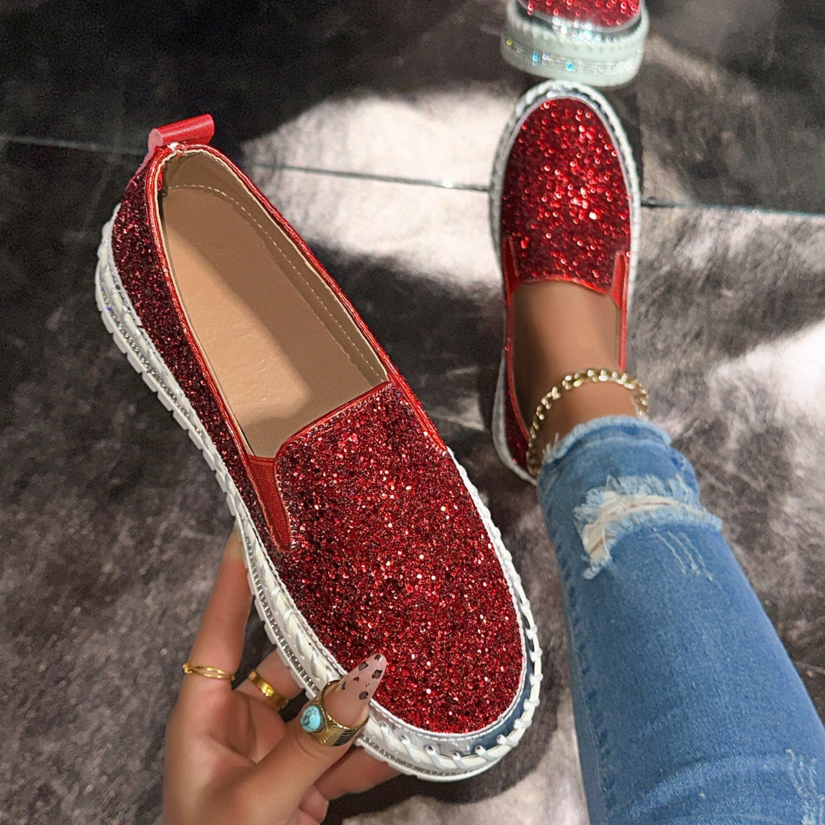 💎 60% DE RÉDUCTION ! 💎 Chaussures Slip-On Femme – Paillettes Brillantes, Semelle Antidérapante & Confort Respirant pour Tous les Jours 🌸👟