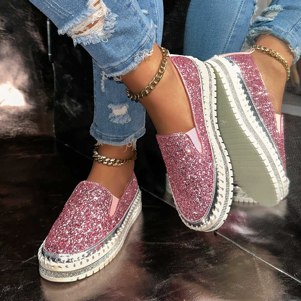 💎 60% DE RÉDUCTION ! 💎 Chaussures Slip-On Femme – Paillettes Brillantes, Semelle Antidérapante & Confort Respirant pour Tous les Jours 🌸👟