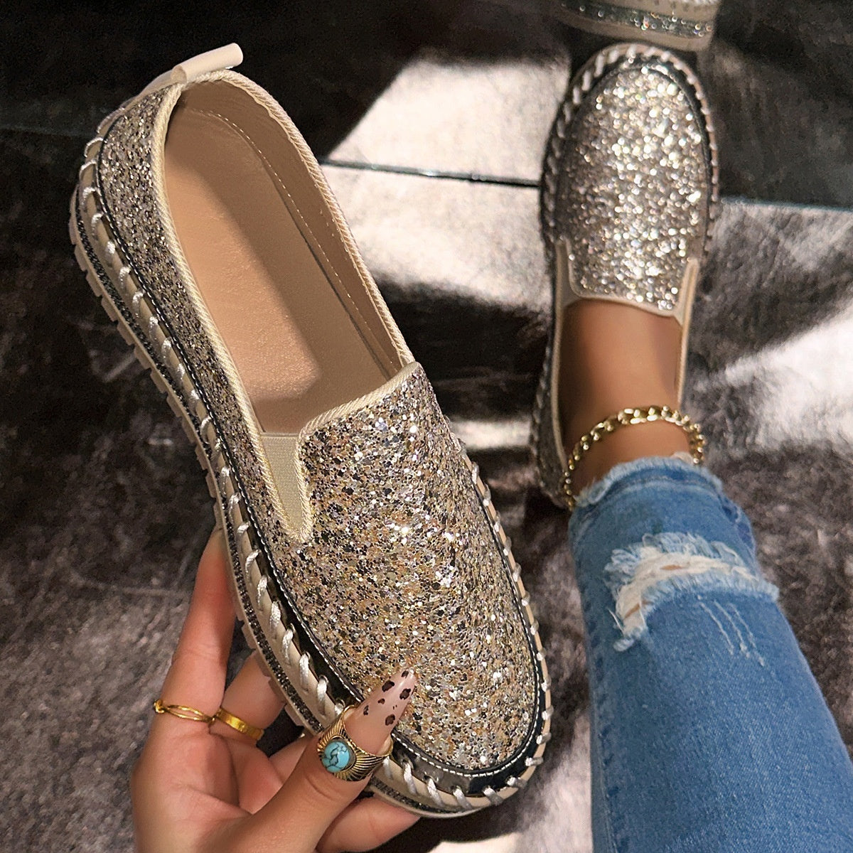 💎 60% DE RÉDUCTION ! 💎 Chaussures Slip-On Femme – Paillettes Brillantes, Semelle Antidérapante & Confort Respirant pour Tous les Jours 🌸👟
