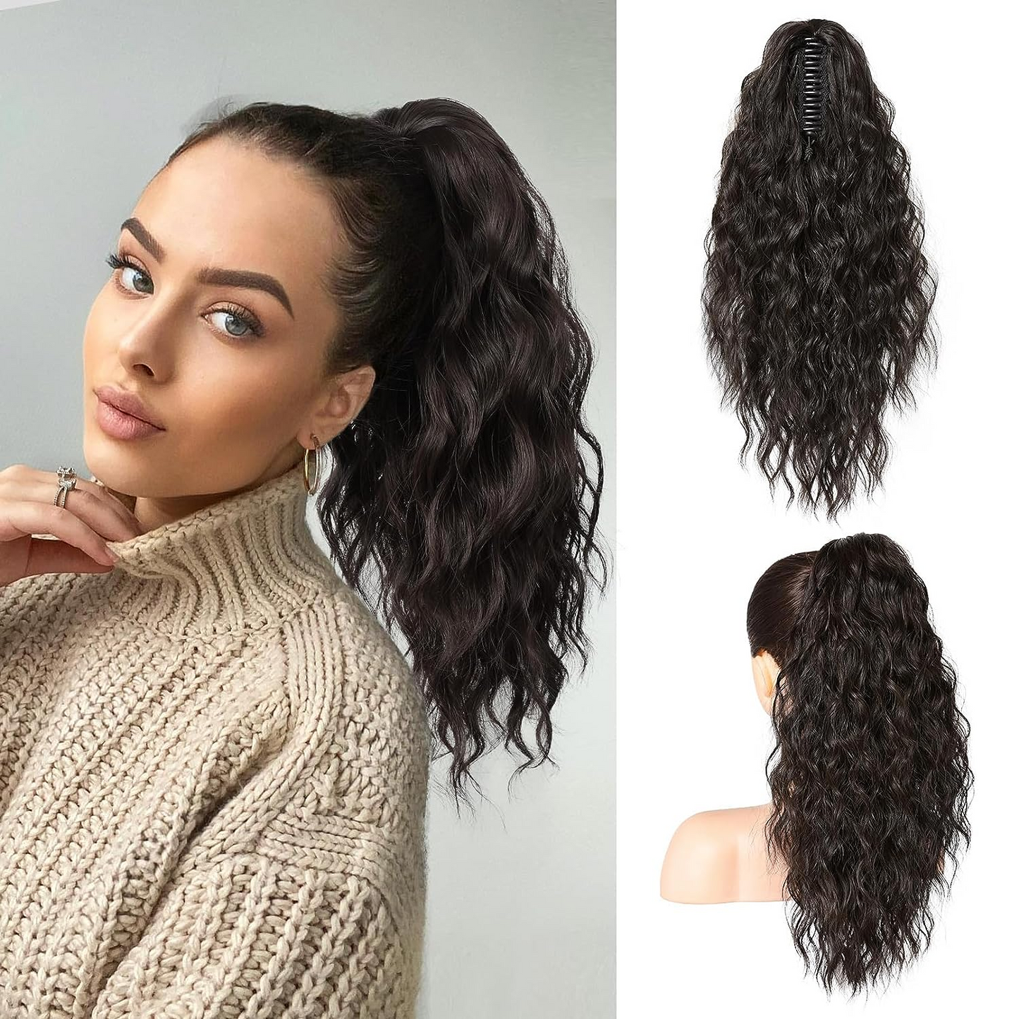 ⏳Réduction limitée de 50% ! 🎁 Extension queue de cheval bouclée 18" – Fibres haute température, double fixation (clip + cordon), volume naturel & confort toute la journée ! 💇‍♀️✨