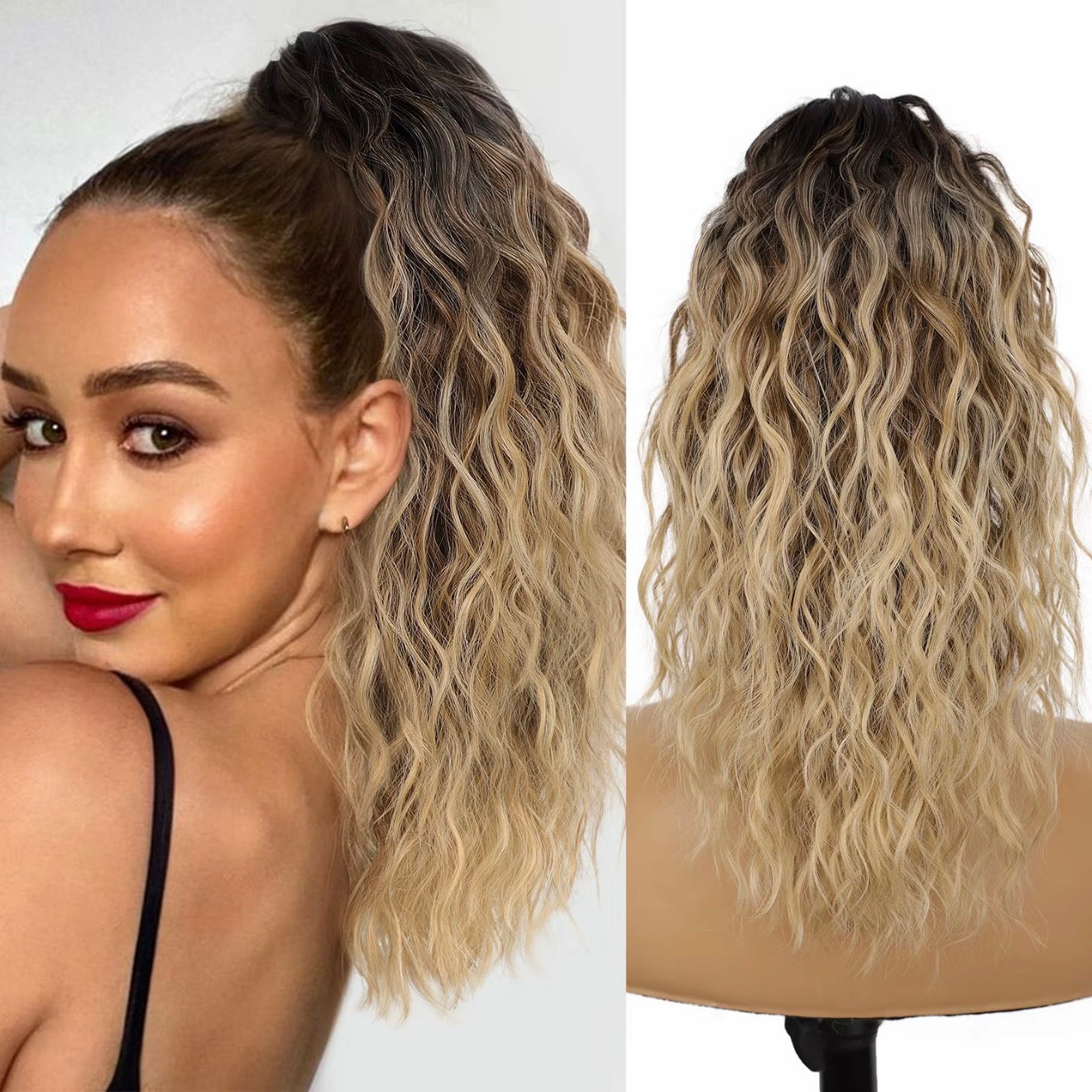 ⏳Réduction limitée de 50% ! 🎁 Extension queue de cheval bouclée 18" – Fibres haute température, double fixation (clip + cordon), volume naturel & confort toute la journée ! 💇‍♀️✨