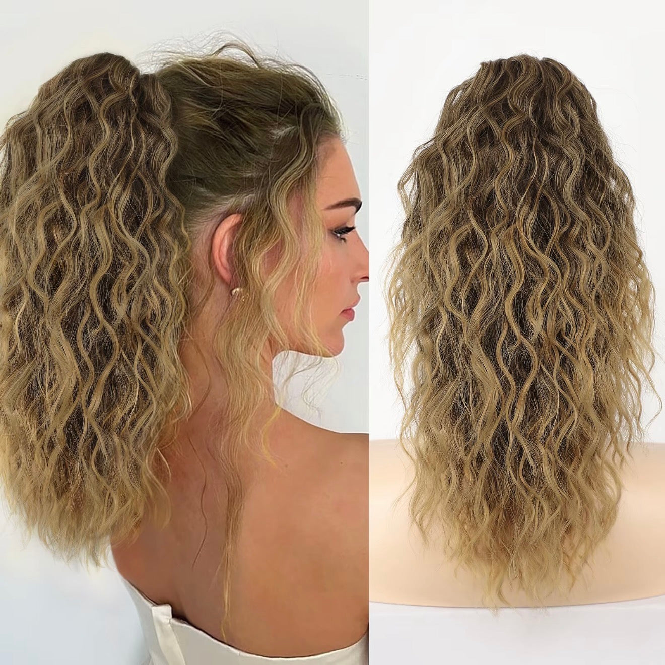 ⏳Réduction limitée de 50% ! 🎁 Extension queue de cheval bouclée 18" – Fibres haute température, double fixation (clip + cordon), volume naturel & confort toute la journée ! 💇‍♀️✨