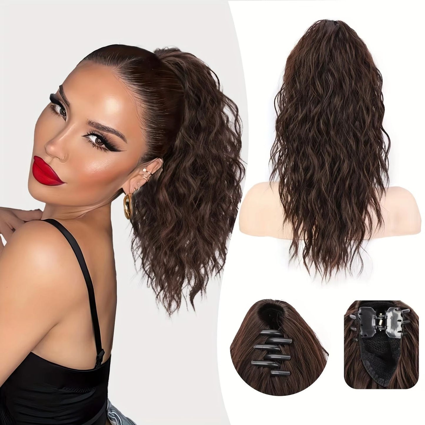 ⏳Réduction limitée de 50% ! 🎁 Extension queue de cheval bouclée 18" – Fibres haute température, double fixation (clip + cordon), volume naturel & confort toute la journée ! 💇‍♀️✨
