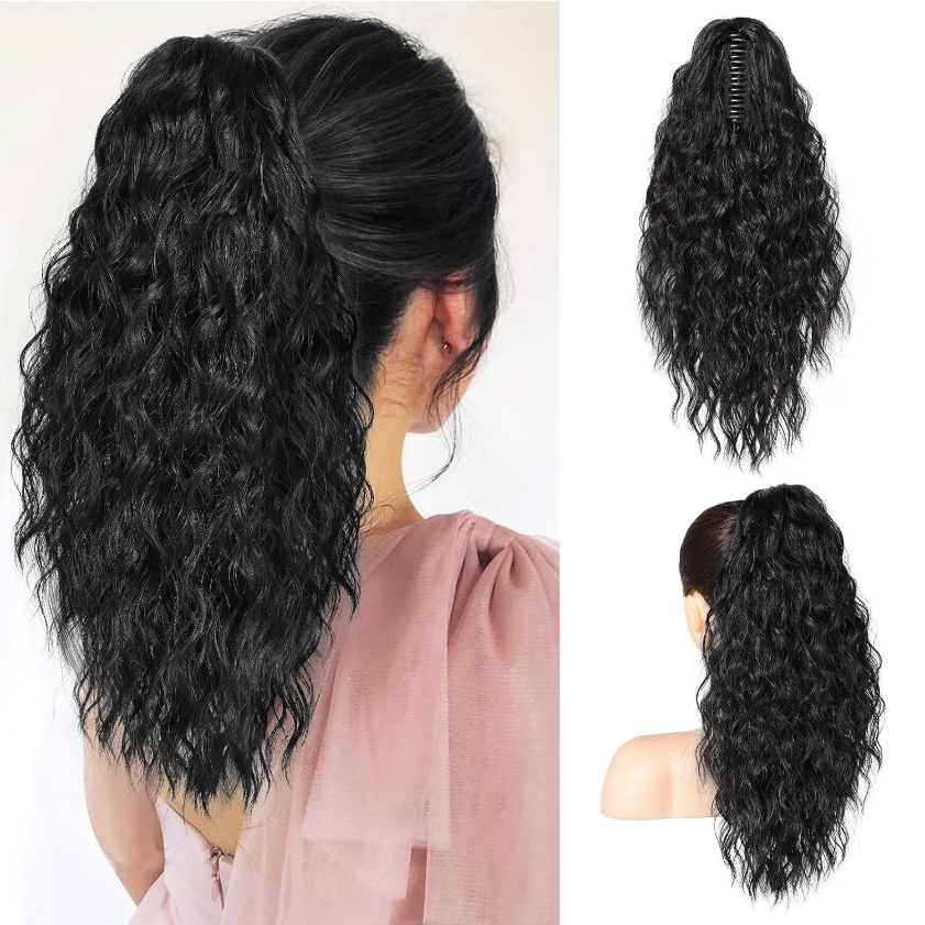 ⏳Réduction limitée de 50% ! 🎁 Extension queue de cheval bouclée 18" – Fibres haute température, double fixation (clip + cordon), volume naturel & confort toute la journée ! 💇‍♀️✨