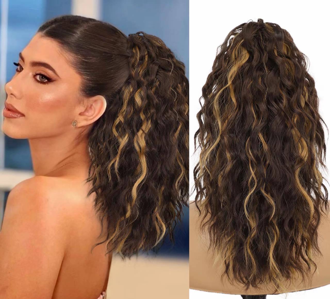 ⏳Réduction limitée de 50% ! 🎁 Extension queue de cheval bouclée 18" – Fibres haute température, double fixation (clip + cordon), volume naturel & confort toute la journée ! 💇‍♀️✨