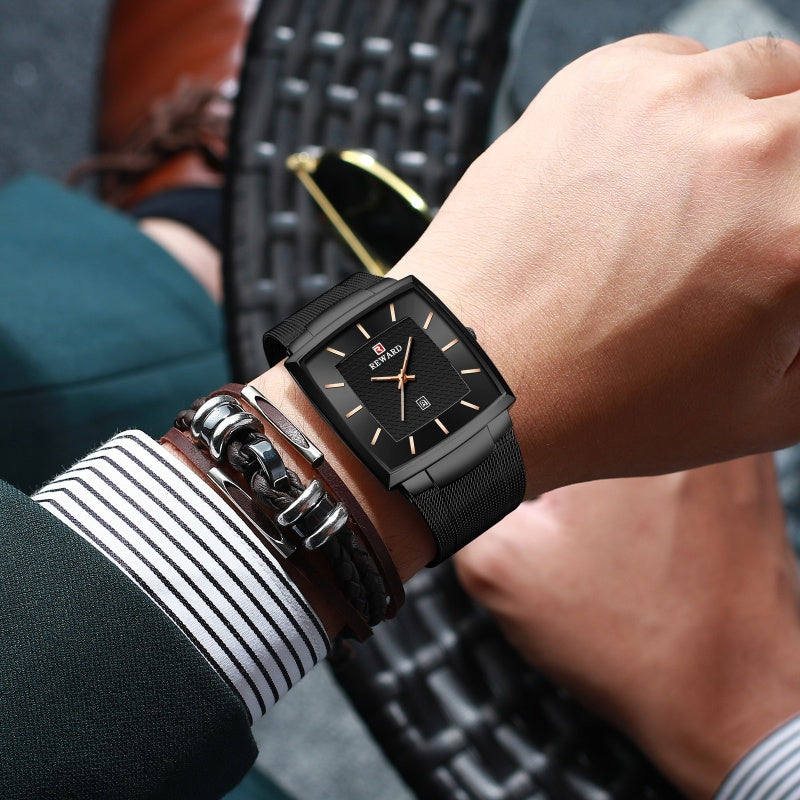 ⌚Montre à quartz pour hommes, ceinture en maille carrée ultra-mince