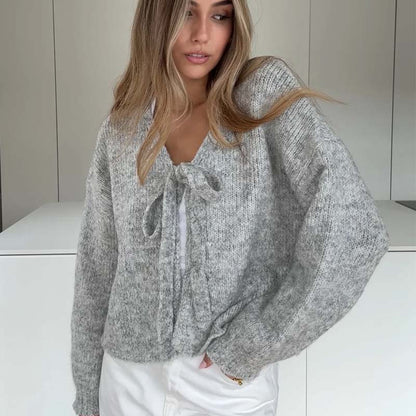 Cardigan en tricot à col en V avec nœud
