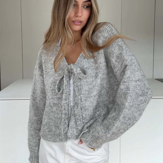 Cardigan en tricot à col en V avec nœud