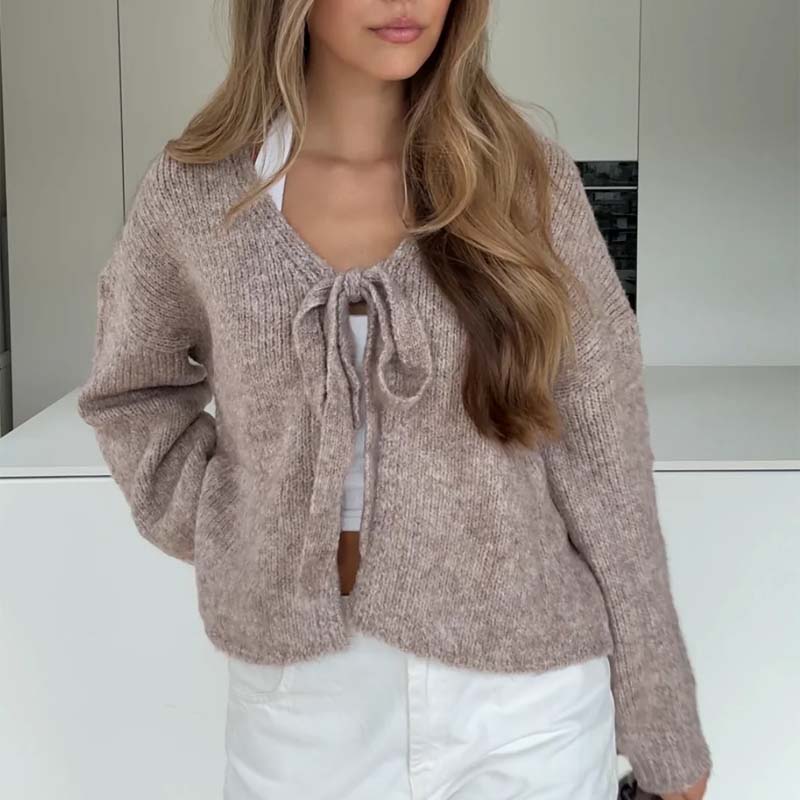 Cardigan en tricot à col en V avec nœud