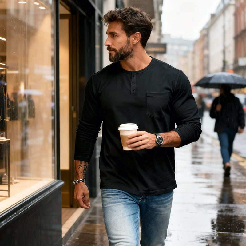 📢📢55 % de réduction !!!✨T-shirt Henley manches longues slim fit pour homme : respirant, élégant & polyvalent ! 👔👕