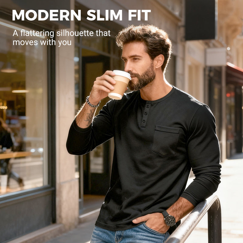 📢📢55 % de réduction !!!✨T-shirt Henley manches longues slim fit pour homme : respirant, élégant & polyvalent ! 👔👕