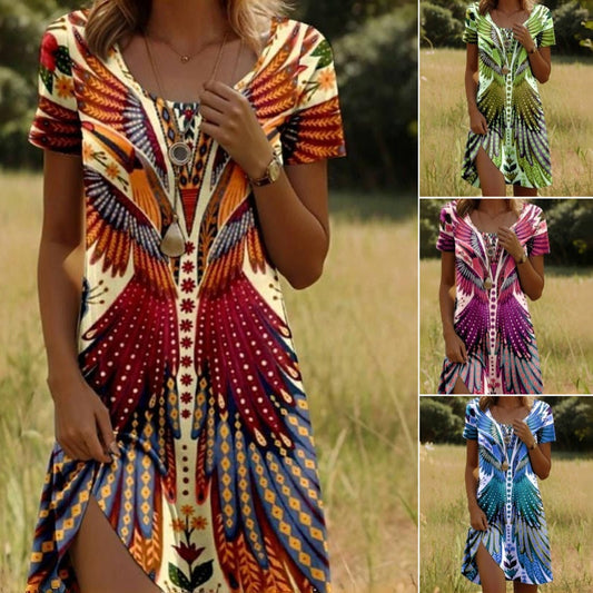 Robe à manches courtes à imprimé paon et floral pour femmes
