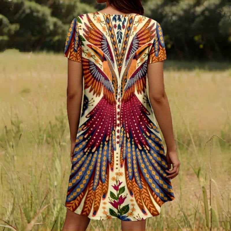 Robe à manches courtes à imprimé paon et floral pour femmes