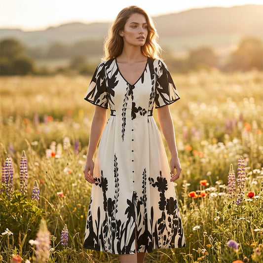 👗 52% de réduction✨Robe midi élégante à col en V et imprimé botanique🍂