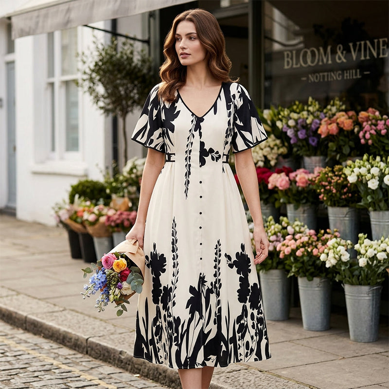 👗 52% de réduction✨Robe midi élégante à col en V et imprimé botanique🍂