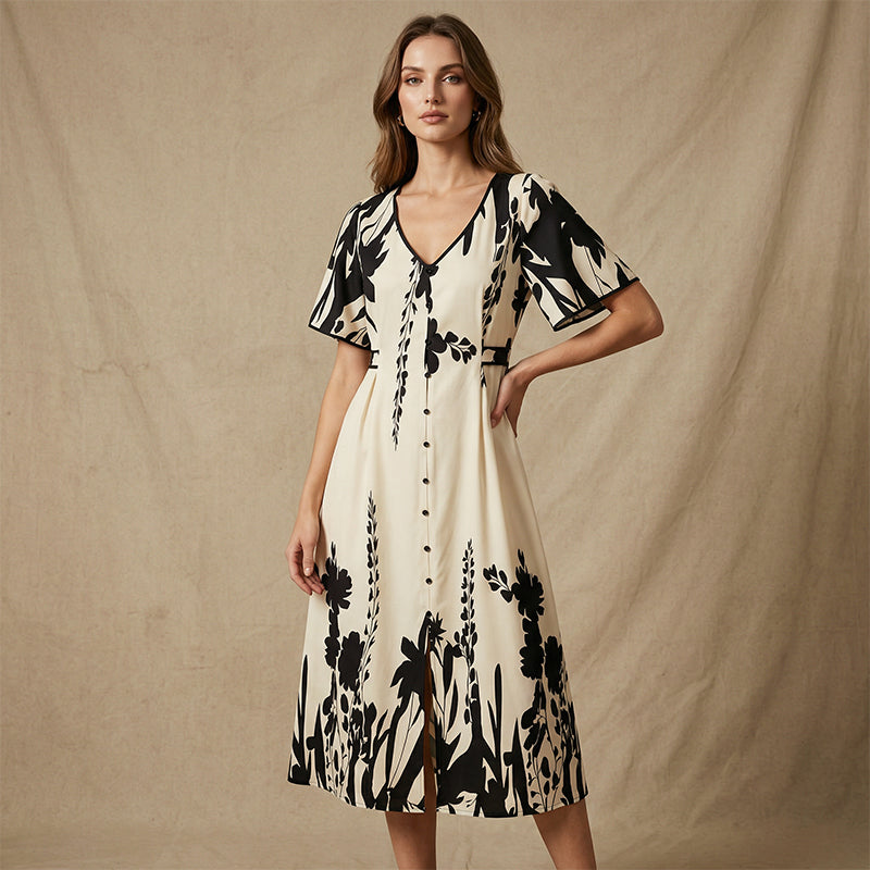 👗 52% de réduction✨Robe midi élégante à col en V et imprimé botanique🍂