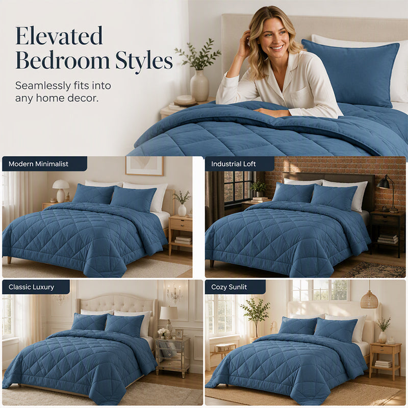 📢50 % DE RÉDUCTION !! ⏰ Ensemble de couette matelassée 3 pièces avec taies d'oreiller – Microfibre toutes saisons