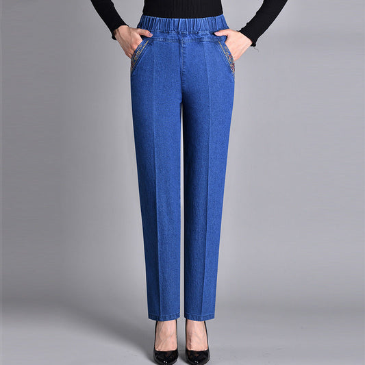 Jeans med elastikk i midjen og sidelommer til kvinner